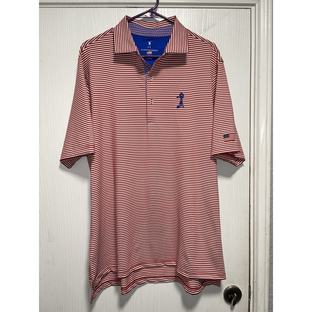 Fairway & Greene Tech Golf Polo Shirt Men XLarge White Blue‎ Red Stars USA